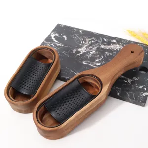 Premium acacia wood cheese grater set with black stainless steel blades on marble background