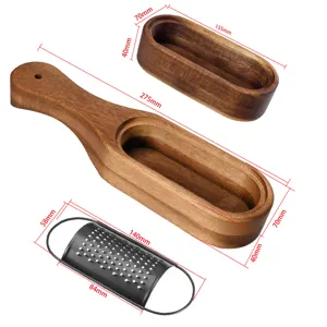 Acacia wood cheese grater box set with black stainless steel blade and dimensions.