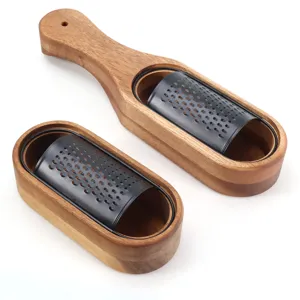Acacia wood cheese grater set with black stainless steel blades and storage box base