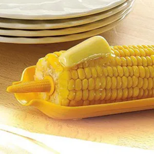 Kunststoff Maiskolben-Schale Set Mit Edelstahl Maiskolbenhalter BBQ Maisgabeln Gelb Küche Essgeschirr Für Outdoor Party