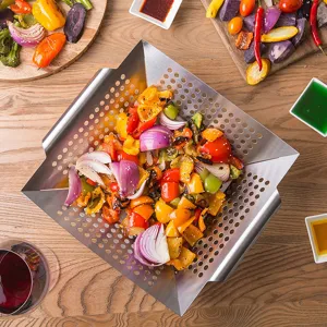 Stainless Steel BBQ Grill Pan Perforated Square Barbecue Basket With Handles For Outdoor Camping Cooking Vegetable Meat