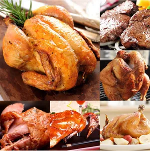 Showcase of perfectly roasted whole chickens and juicy steaks for BBQ cooking inspiration