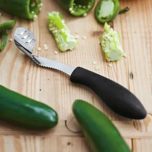 Stainless steel pepper corer tool with ergonomic black handle for deseeded chilies