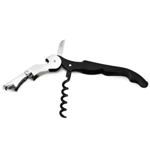 Detailed view of an unfolded black multifunctional waiter's corkscrew wine opener
