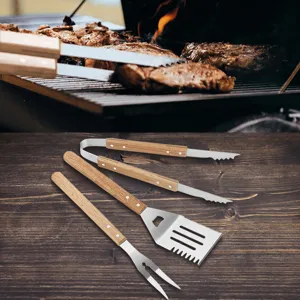 Premium 3-piece stainless steel BBQ tool set with oak handles for outdoor grilling use