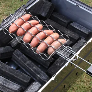 Panier de Grillade pour Hot Dog en Acier Inoxydable Avec Poignée en Bois Outil de Barbecue Portable pour Camping en Plein Air
