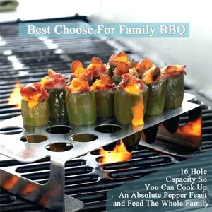 Detailed view of a stainless steel 16-hole jalapeno pepper grill rack used on a BBQ