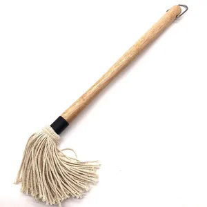 BBQ oil brush with long wooden handle and cotton string mop head for grilling sauce