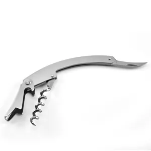 Detail view of multifunctional stainless steel waiter's corkscrew with unfolded wine tool.