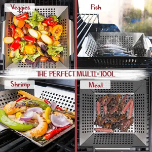 Stainless steel square grill basket with holes, 12-inch outdoor BBQ tool for vegetables and meat.