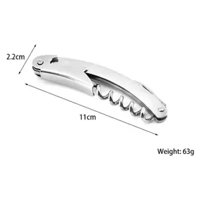 Detail view of multifunctional stainless steel corkscrew with dimensions and weight