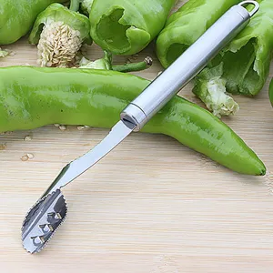 Stainless steel jalapeno corer tool with serrated edge and ergonomic handle for BBQ prep