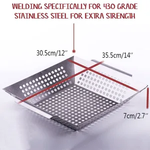 Stainless steel square BBQ grill basket with holes and handles for outdoor cooking details.