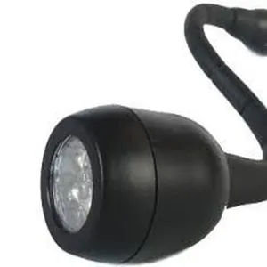 Primer plano detallado de una lámpara LED portátil para barbacoa con cuello flexible.
