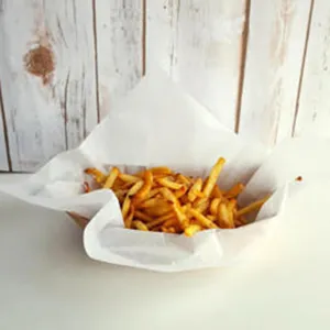 White translucent greaseproof wax paper wrapping fresh crispy golden French fries