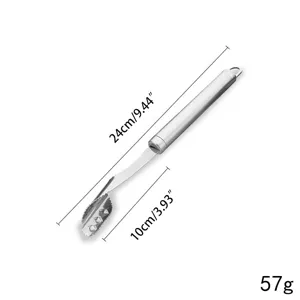 Detailed dimension view of a stainless steel fish scaler tool with 57g weight info