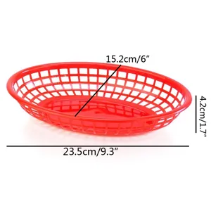 Red oval plastic fast food basket tray dimensions showing 23.5cm length and 15.2cm width