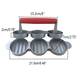Detailed dimension view of a 3-cavity round stainless steel burger press kitchen tool