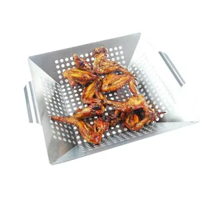 Cesta de parrilla cuadrada de acero inoxidable de 8 pulgadas con base perforada y asas