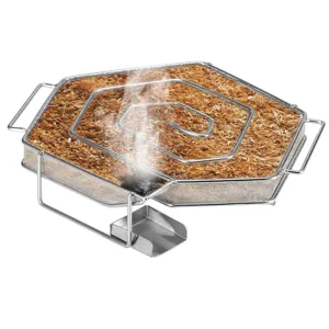 Hexagonal stainless steel cold smoke generator box emitting smoke with wood chips