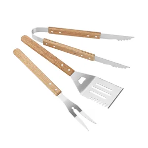 Detailed view of 3-piece stainless steel BBQ tool set with ergonomic oak handles