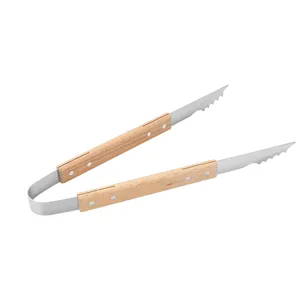 Stainless steel BBQ tongs with oak handles and serrated edges for outdoor grilling