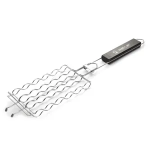 Close-up of a stainless steel wavy sausage grill basket with a black wooden handle.