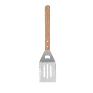 Detailed view of stainless steel BBQ spatula with oak handle and bottle opener
