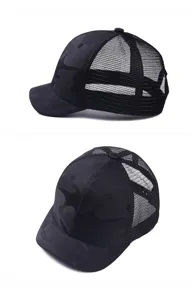 Detailed views of a black camouflage mesh trucker hat with a stylish short brim