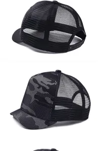 Detailed view of breathable mesh trucker hats with short brims and camouflage pattern