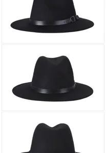 Diverse angolazioni di un classico cappello fedora nero con dettaglio fibbia a cintura