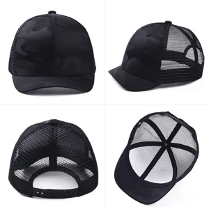 Premium black camouflage mesh trucker hat with short brim and breathable back panels
