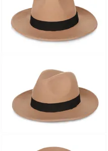 Vista dettagliata da più angolazioni di un cappello fedora in feltro di lana marrone.