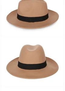 Vista dettagliata di un cappello fedora in lana cammello a tesa larga con nastro nero