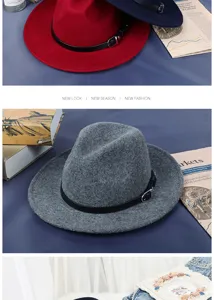 Vista dettagliata del cappello fedora in feltro grigio con elegante cinturino nero