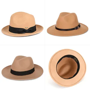 Classico cappello fedora in lana color cammello a tesa larga con vari stili di fascia in vista 4