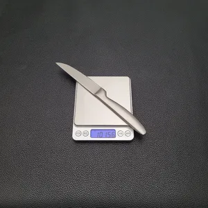 Vista dettagliata di un elegante coltello da bistecca in acciaio inox su bilancia