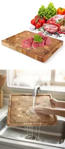 Square acacia wood end-grain cutting board with juice groove being washed in sink