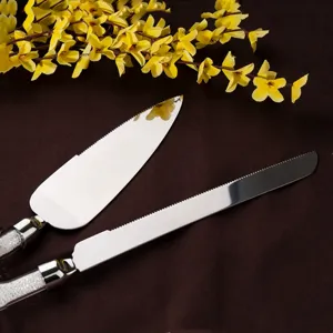 Detailansicht eines gezackten Tortenmesser-Sets aus Edelstahl mit funkelnden Kristallgriffen