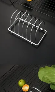 Detail view of silver chrome-plated metal toast rack for organized kitchen bread storage