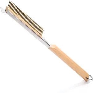 Professional copper wire pizza oven brush with a durable wooden handle and scraper.
