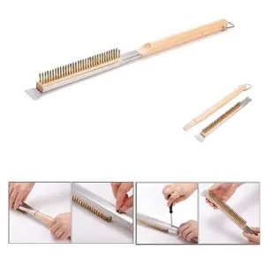 Pizza oven brush with metal bristles and long wooden handle showing dimensions and assembly