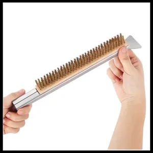 Long professional pizza oven cleaning brush with brass bristles and steel scraper