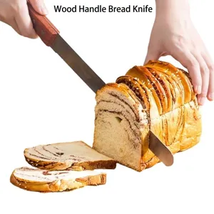 Professional stainless steel bread knife with ergonomic wooden handle for easy slicing