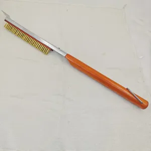 Professional pizza oven brush with copper bristles and wooden handle with scraper