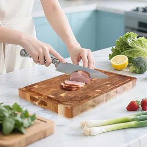 Minimalist Square Acacia Wood Cutting Board Heavy Duty Spliced Chopping Block With Juice Groove Side Handles For Kitchen Household Food Prep