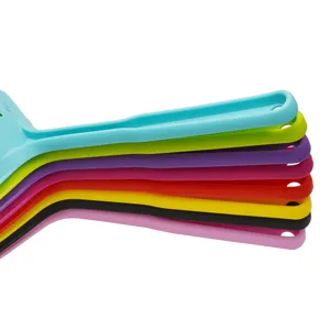Colorful plastic slotted spoons set with ergonomic handles for kitchen straining