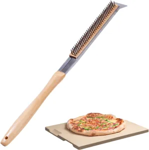 Long wooden handle pizza stone cleaning brush with steel bristles and scraper detail