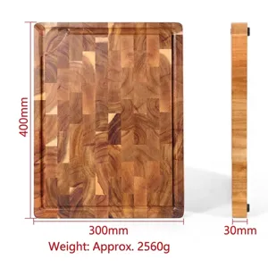 Acacia wood end grain cutting board with groove and dimensions 400x300x30mm
