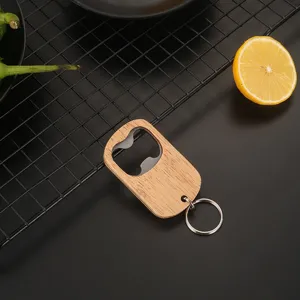 Minimalist oak wood and stainless steel beer bottle opener keychain with metal ring